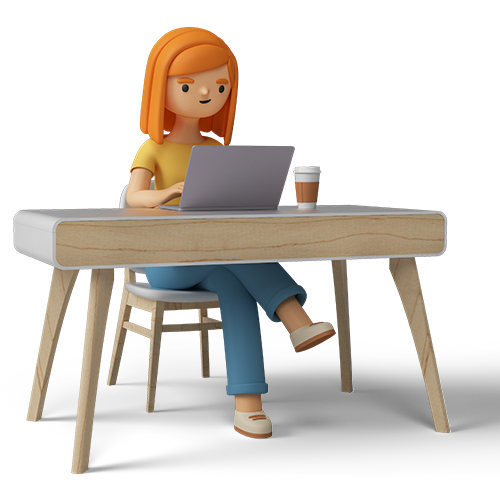 3D girl sitting at her desk