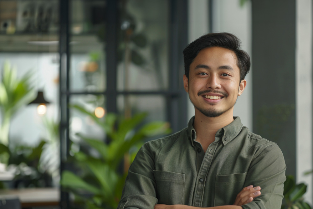 Malay man standing in front of his shop